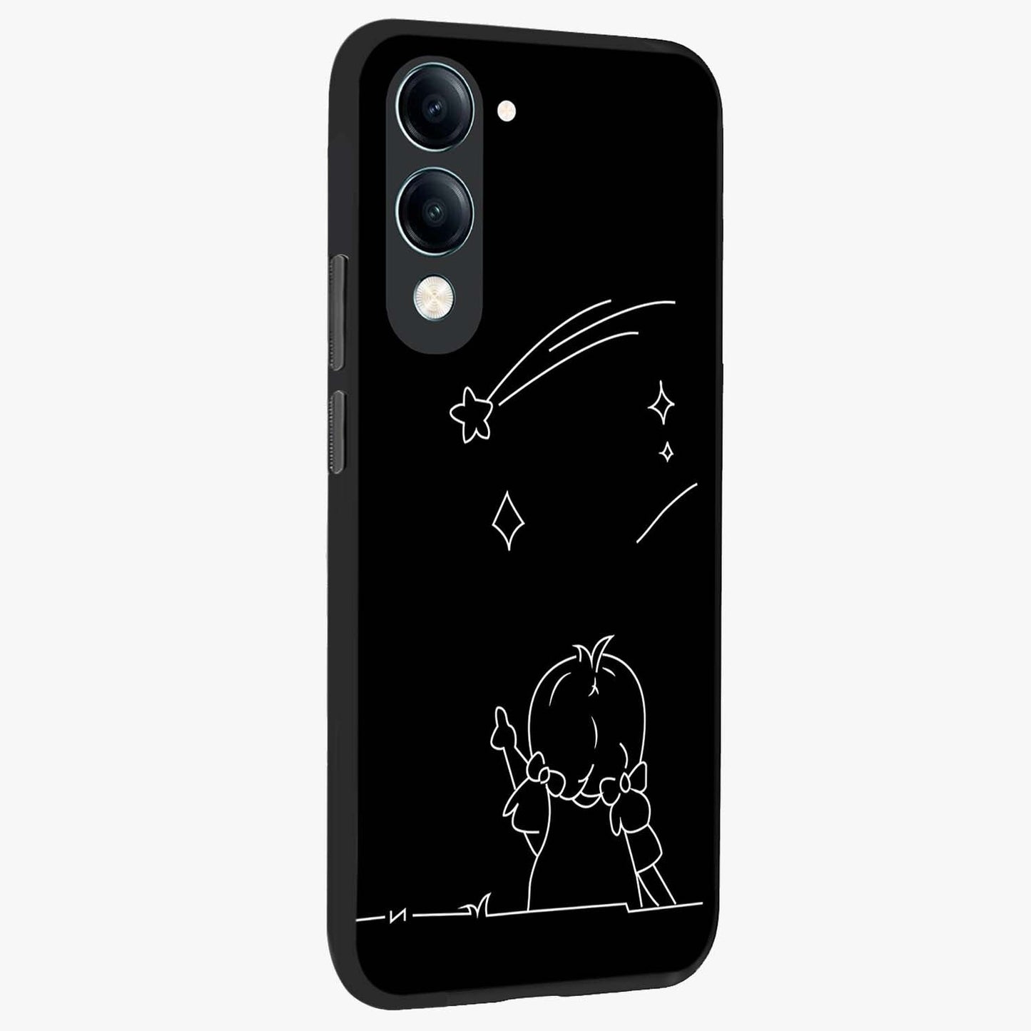 Line Art Girl With Shooting Stars Glass Case upright view showcasing delicate shooting stars artwork with minimal artistic theme.