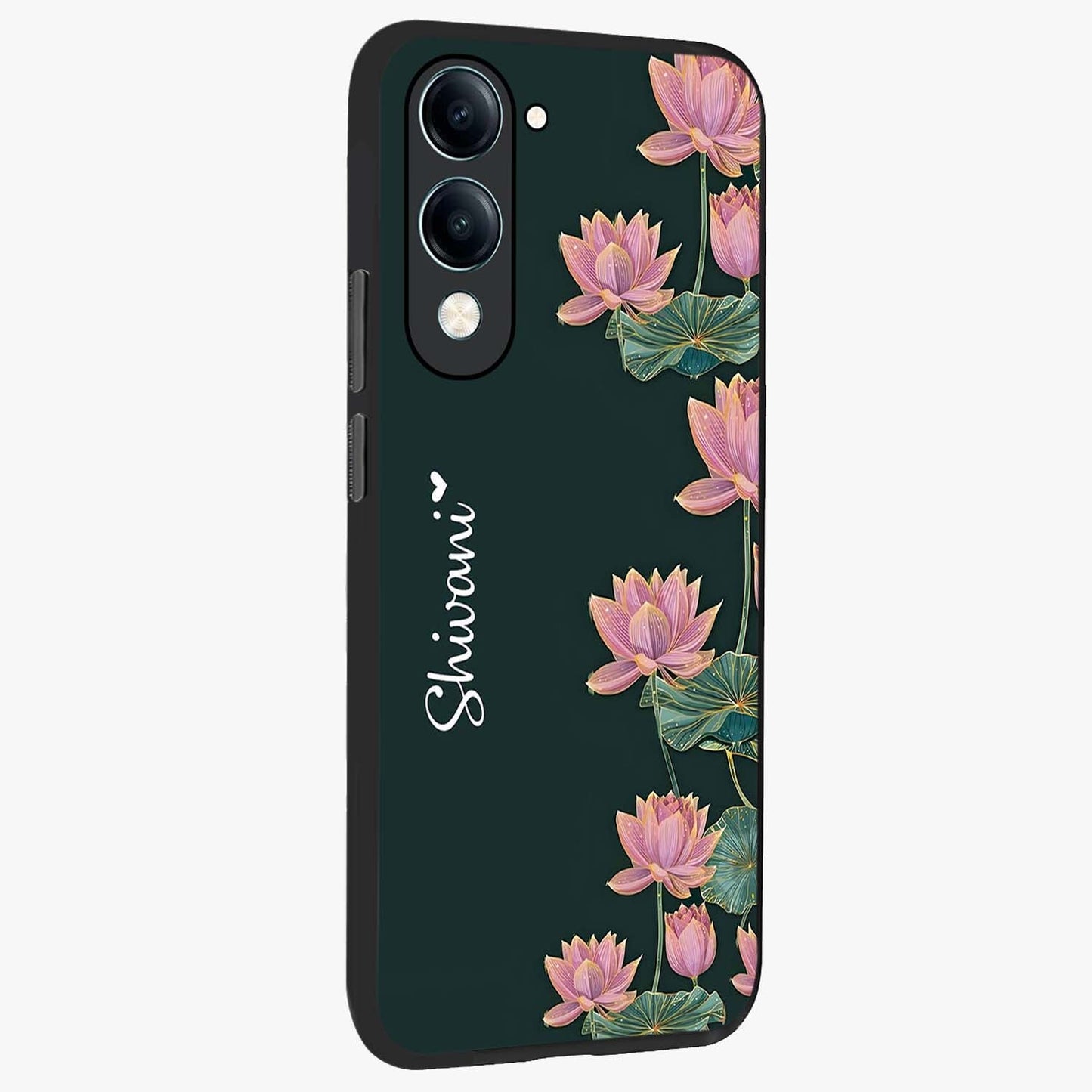 Lotus Bloom Serenity Custom Name Glass Case upright view showcasing serene lotus bloom artwork with personalized floral aesthetic.