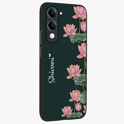 Lotus Bloom Serenity Custom Name Glass Case upright view showcasing serene lotus bloom artwork with personalized floral aesthetic.