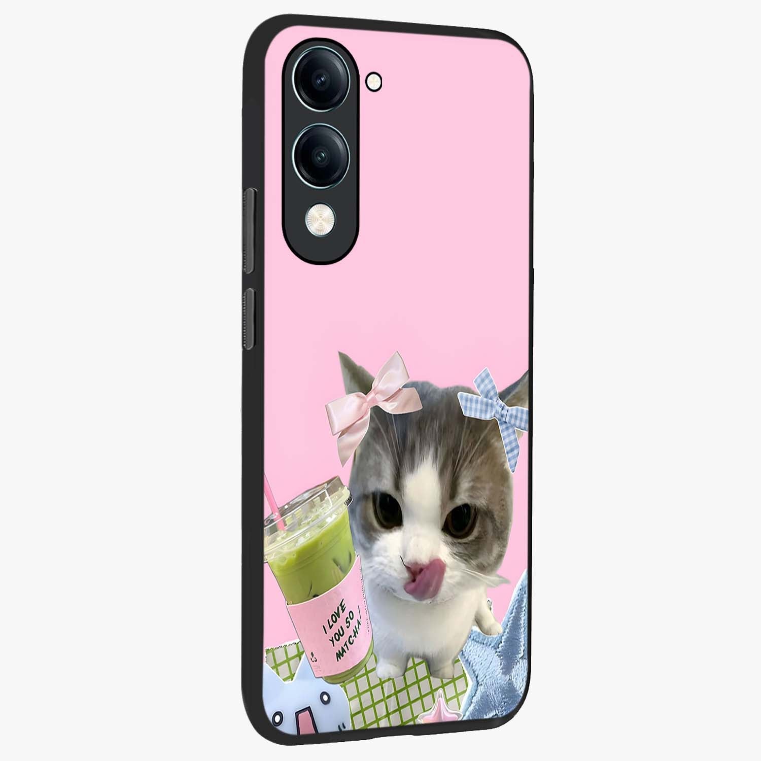 Love Matcha Cat Glass Case upright view showcasing adorable cat artwork with charming matcha themed design.