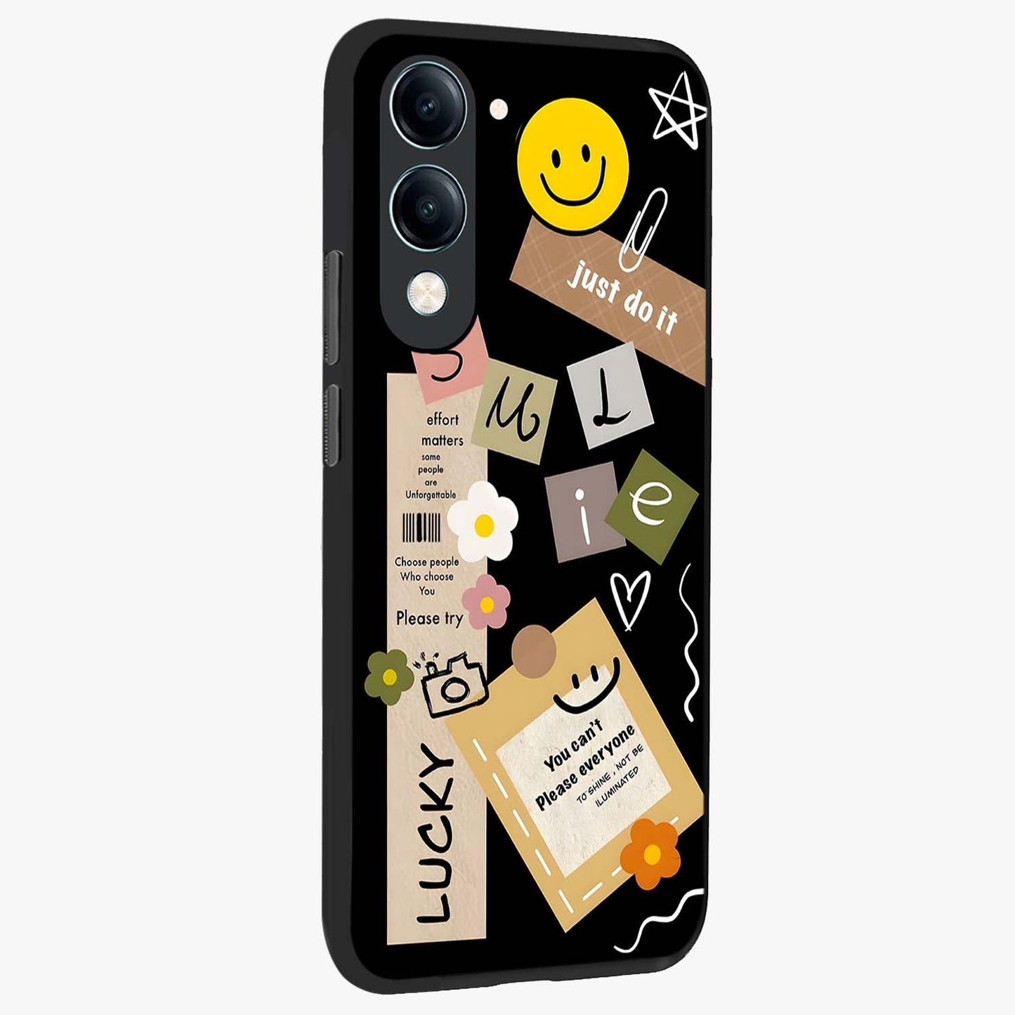 Lucky Aesthetic Collage Glass Case upright view showcasing vibrant collage artwork with youthful aesthetic theme.