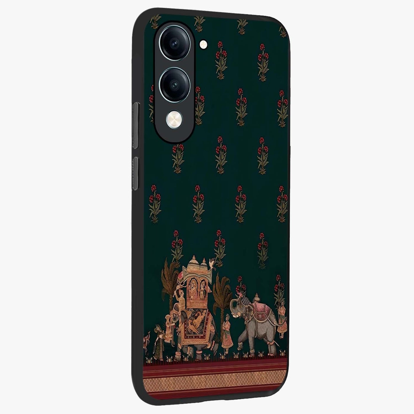 Macmerise Glass Case upright view showcasing bold artistic artwork with contemporary design theme.