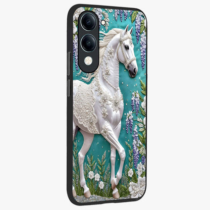 Majestic Floral Stallion Glass Case upright view showcasing dramatic horse artwork with decorative floral theme.