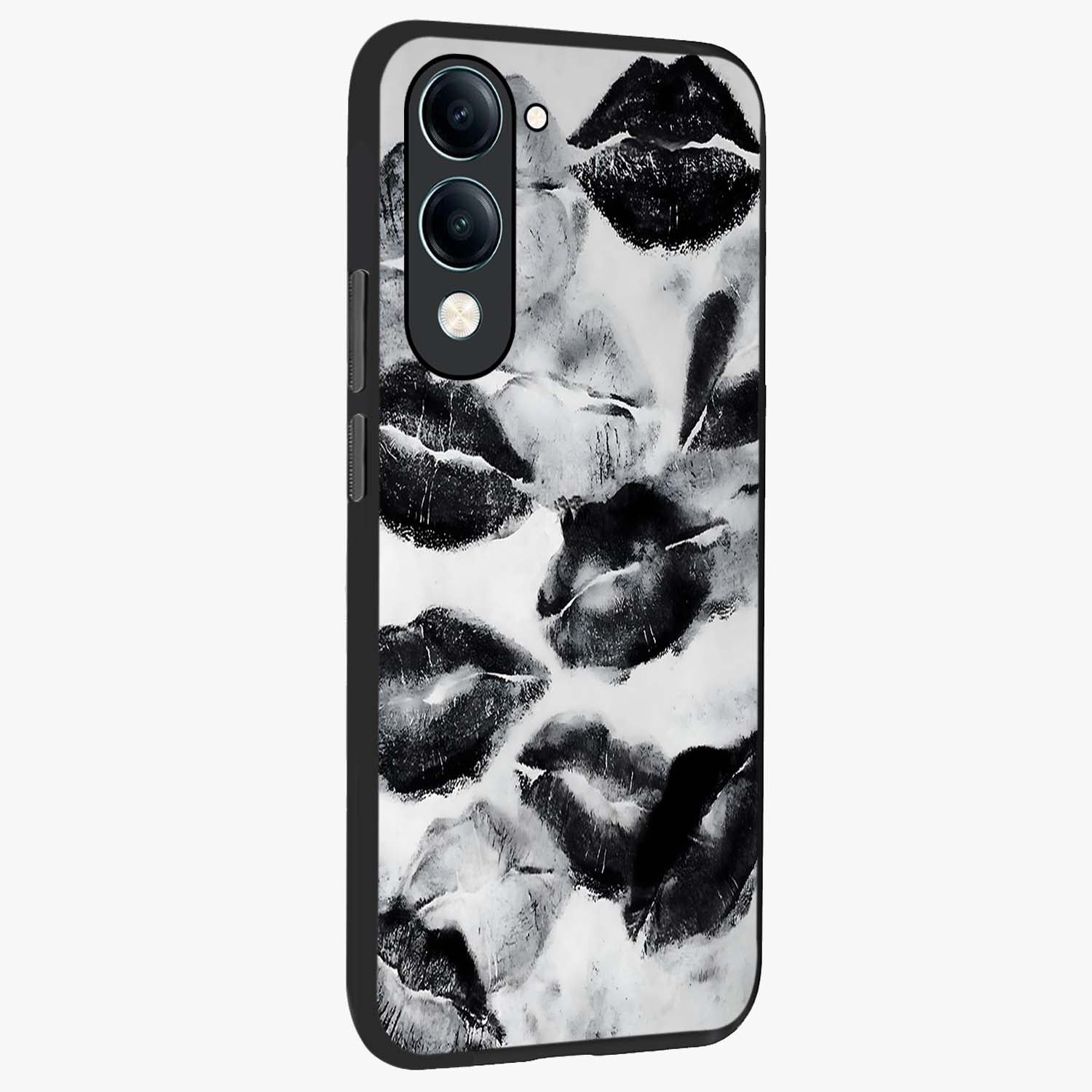 Midnight Kiss Marks Glass Case upright view showcasing stylish kiss mark artwork with trendy romantic theme.