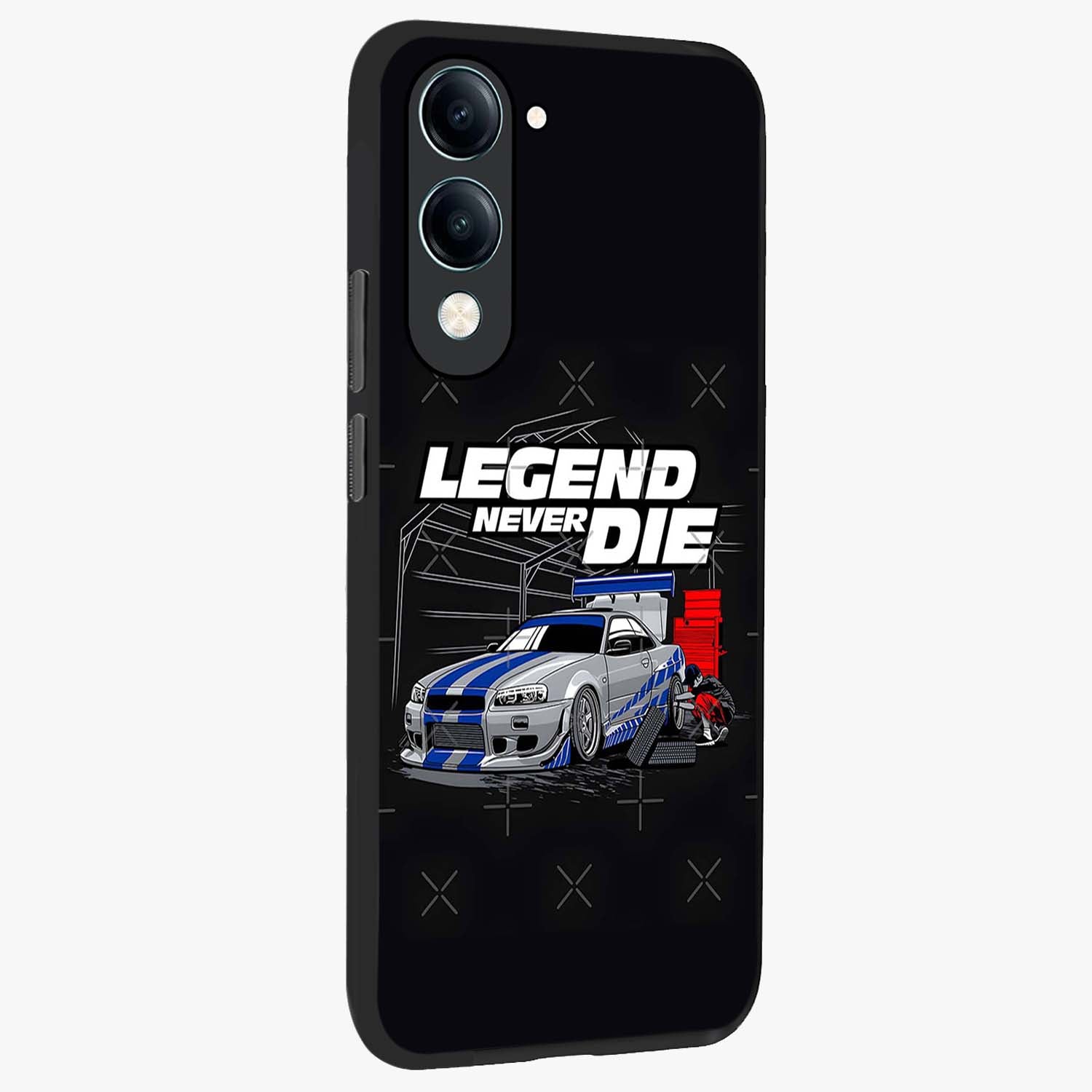 Midnight Racing Legacy Glass Case upright view showcasing powerful racing artwork with modern sports theme.