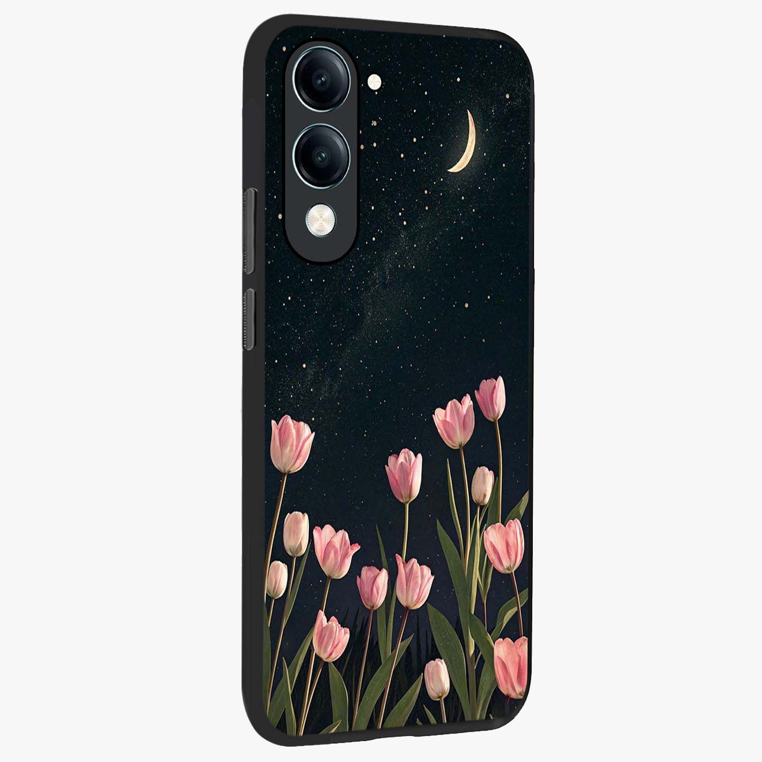 Midnight Tulip Whispers Vibe Glass Case upright view showcasing graceful tulip artwork with calm botanical theme.
