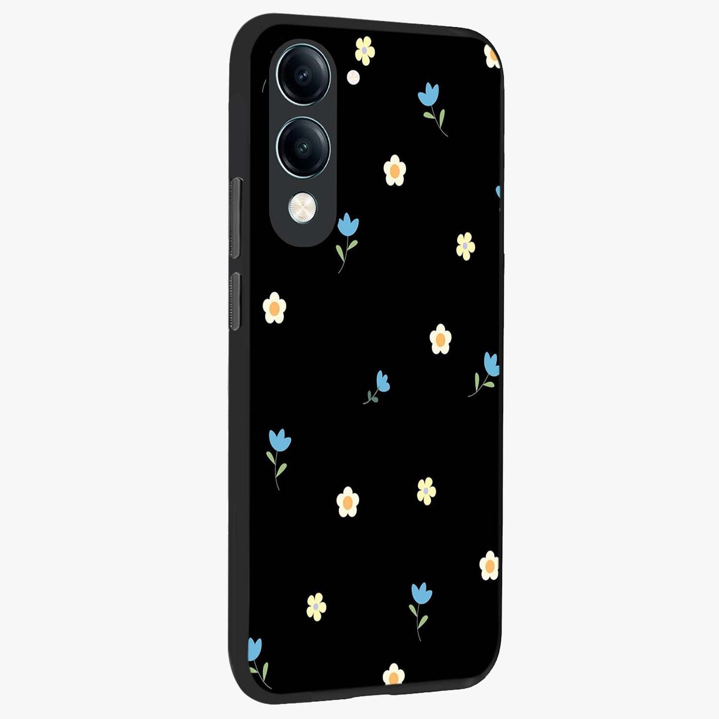Minimal Petal Whispers Glass Case upright view showcasing elegant floral artwork with modern minimalist style.