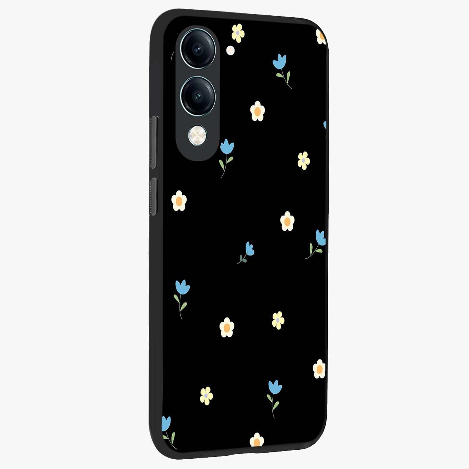 Minimal Petal Whispers Glass Case upright view showcasing elegant floral artwork with modern minimalist style.