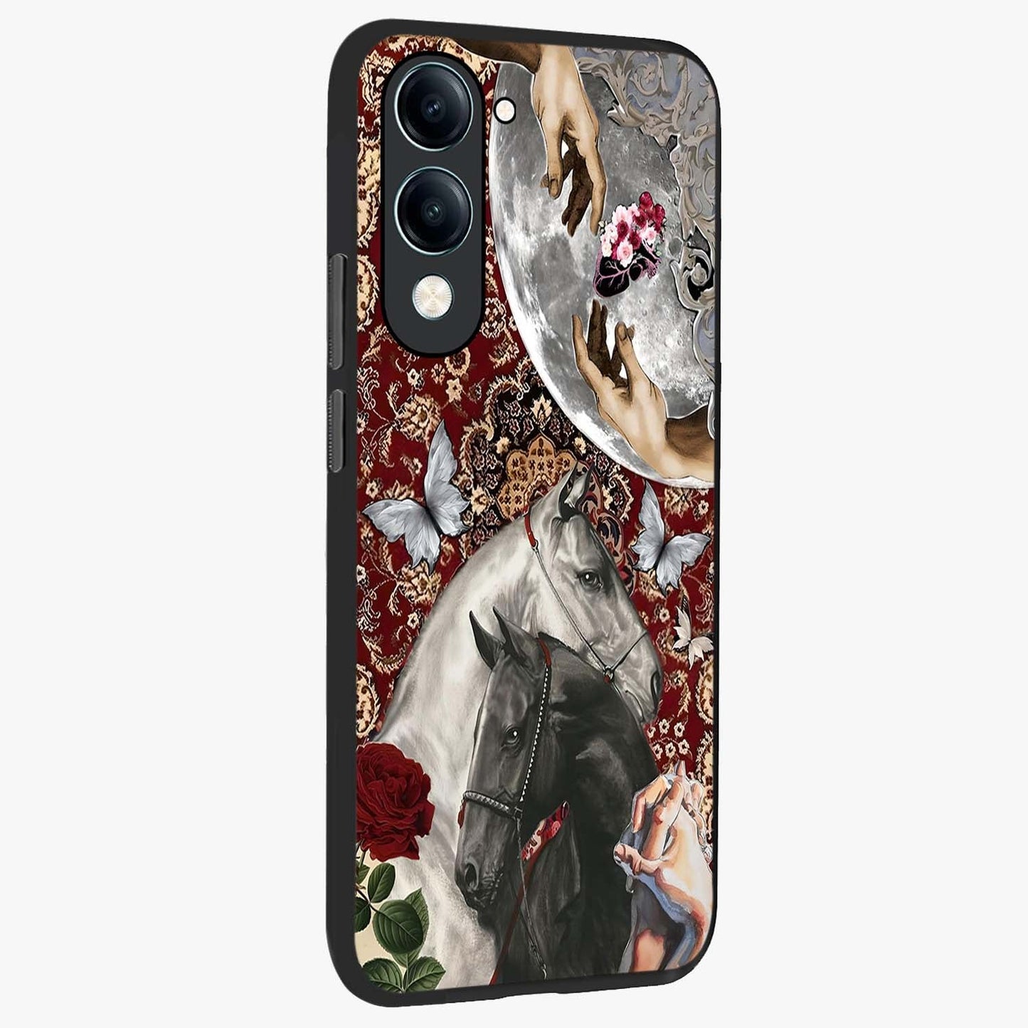 Moonlit Royal Stallion Glass Case upright view showcasing dramatic horse artwork with glowing moon themed design.