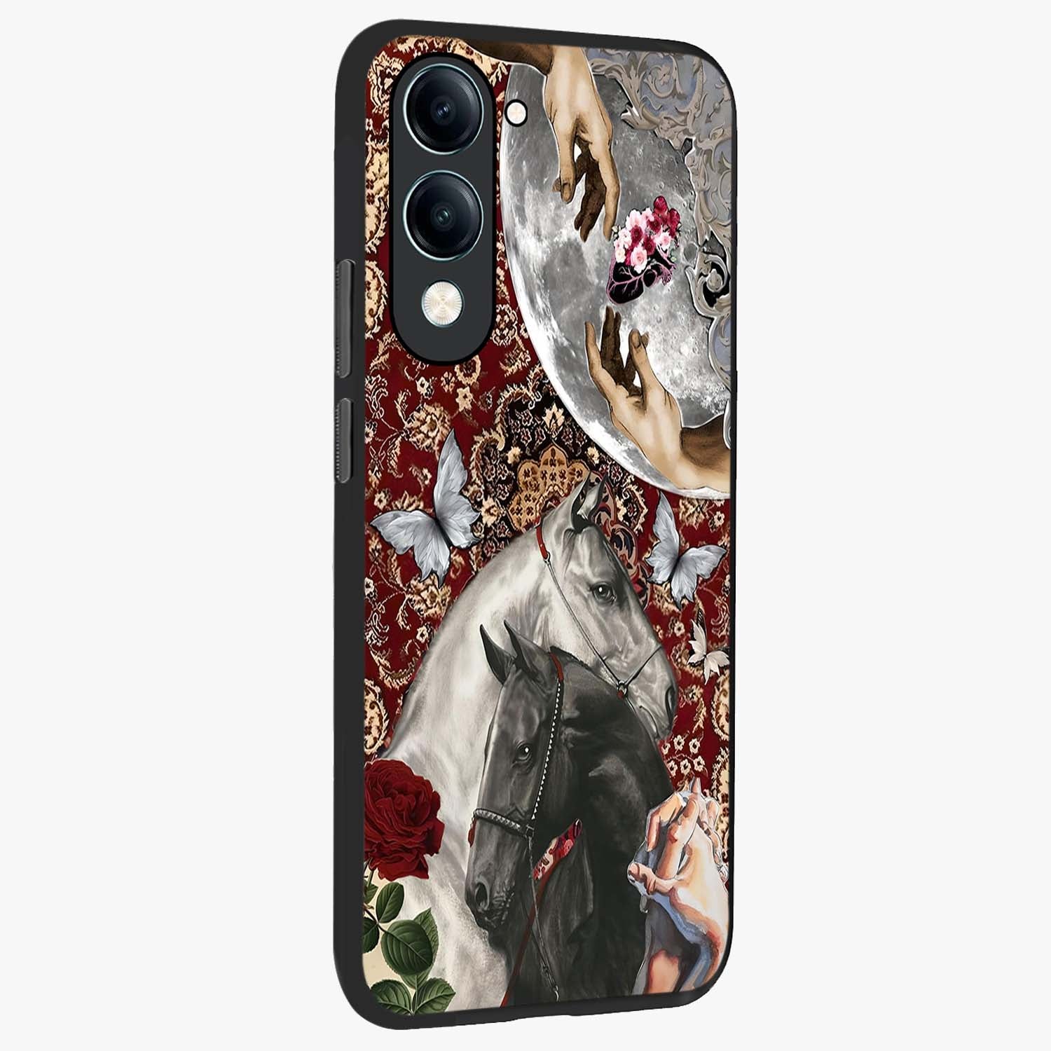 Moonlit Royal Stallion Glass Case upright view showcasing dramatic horse artwork with glowing moon themed design.
