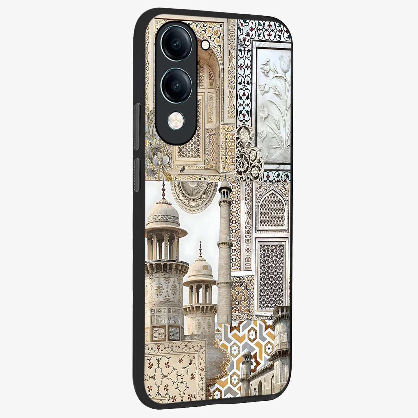 Mughal Marble Legacy Glass Case upright view showcasing ornate Mughal design with luxurious traditional theme.
