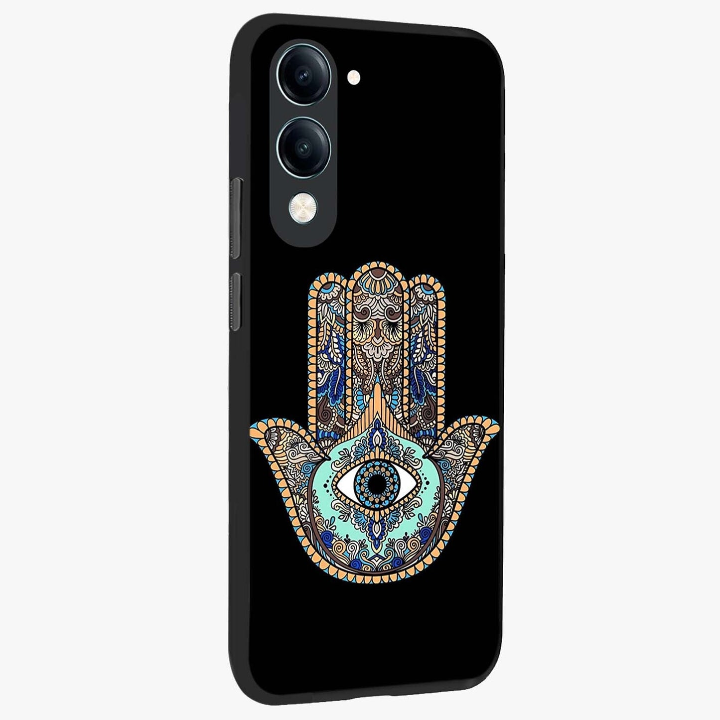 Mystic Hamsa Eye Glass Case upright view showcasing detailed hamsa eye artwork with protective spiritual theme.