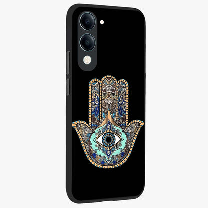 Mystic Hamsa Eye Glass Case upright view showcasing detailed hamsa eye artwork with protective spiritual theme.