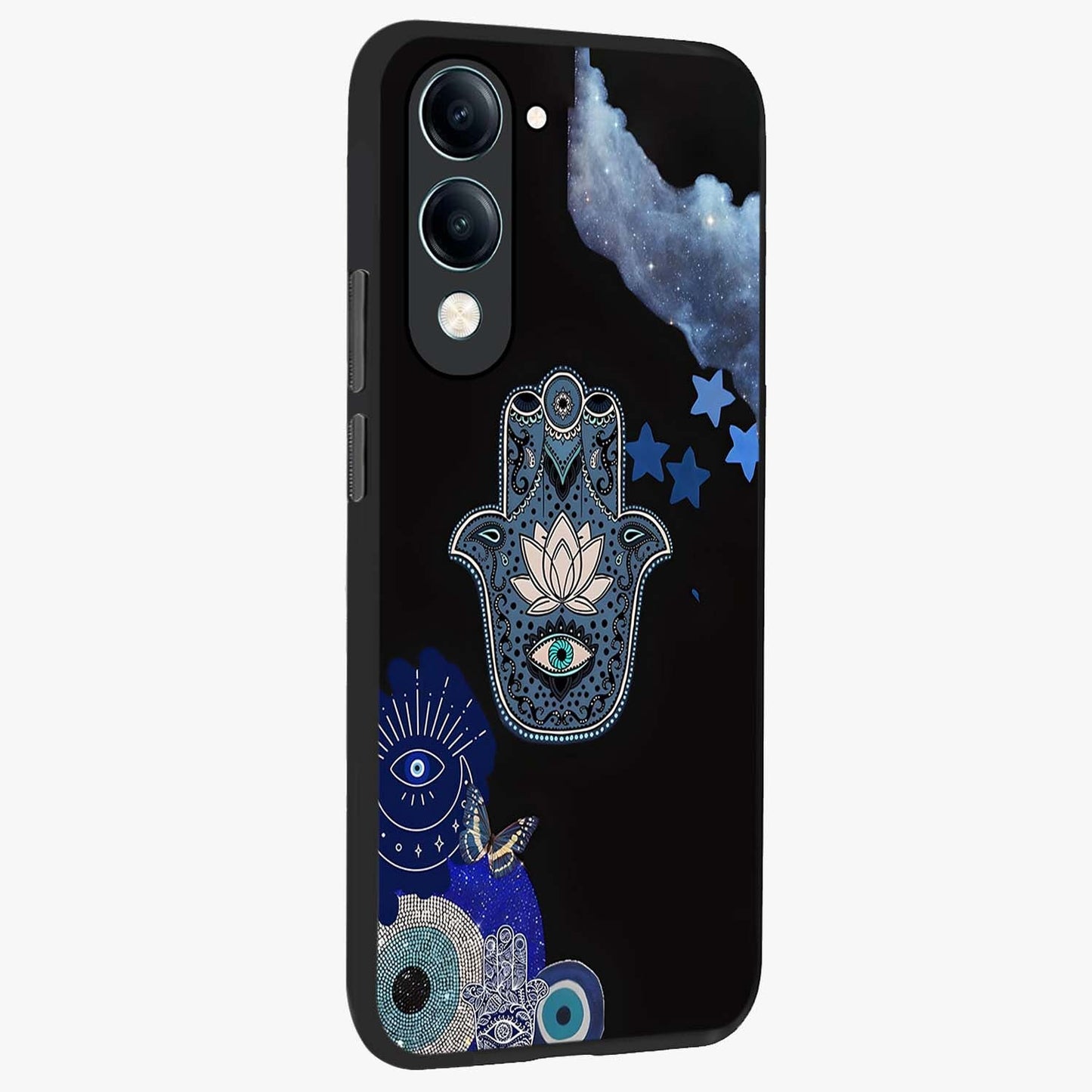 Mystic Hand Aura Glass Case upright view showcasing symbolic hand artwork with mystical energy theme.
