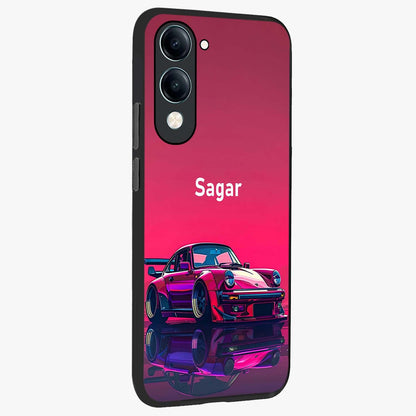 Neon Pink Porsche Glass Case upright view showcasing vibrant sports car artwork with bold automotive theme.