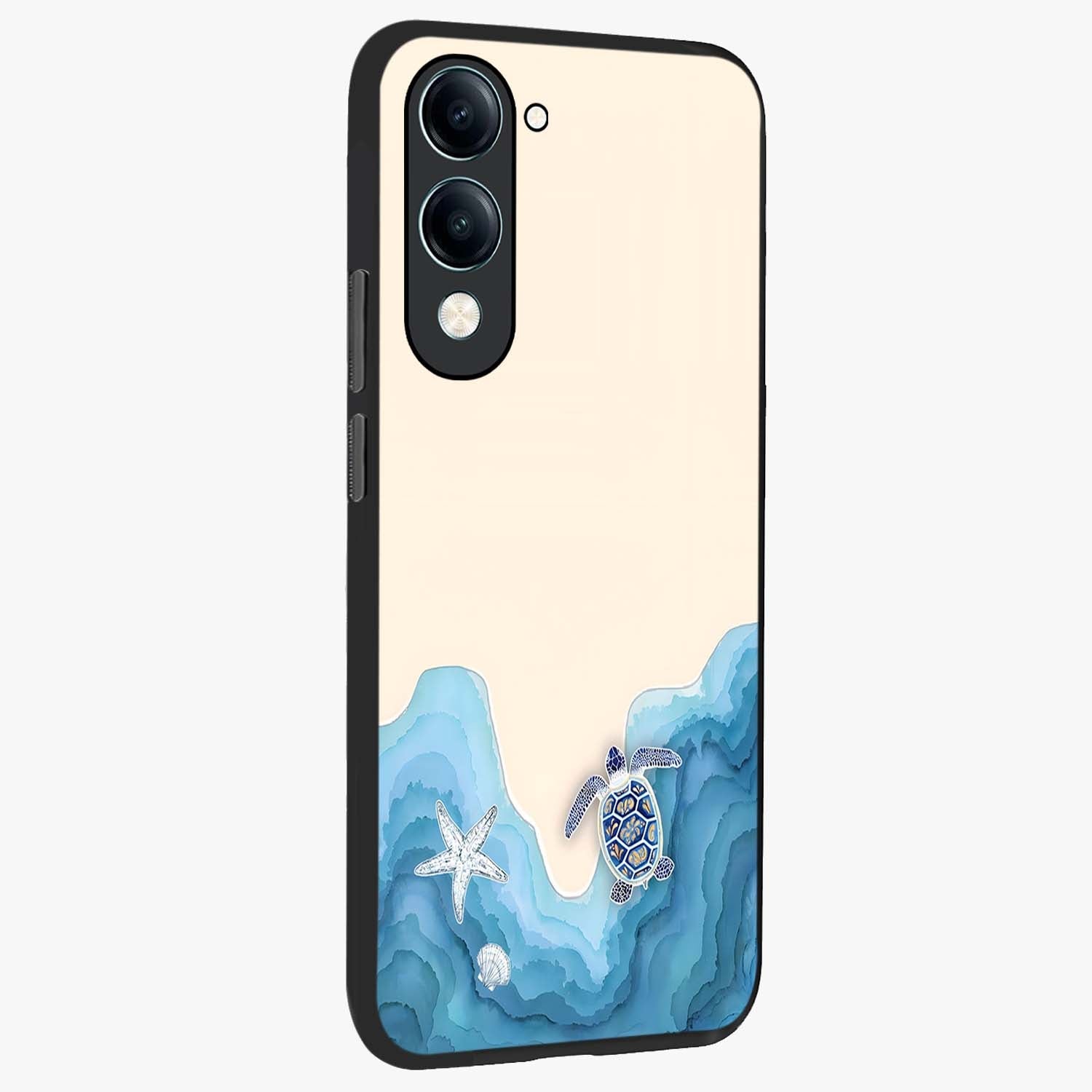 Ocean Drift Turtle Glass Case upright view showcasing calm underwater turtle artwork with nature inspired theme.