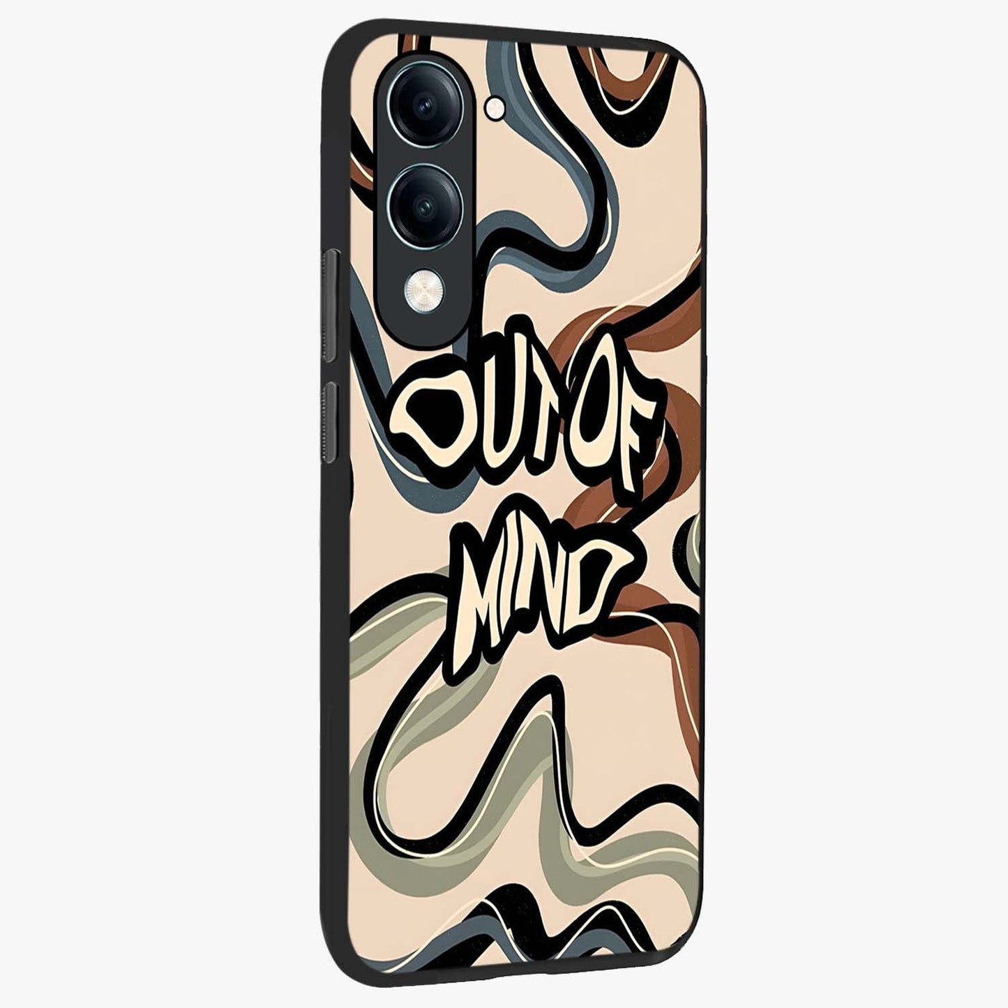 Out Of Mind Glass Case upright view showcasing striking typography artwork with edgy conceptual theme.