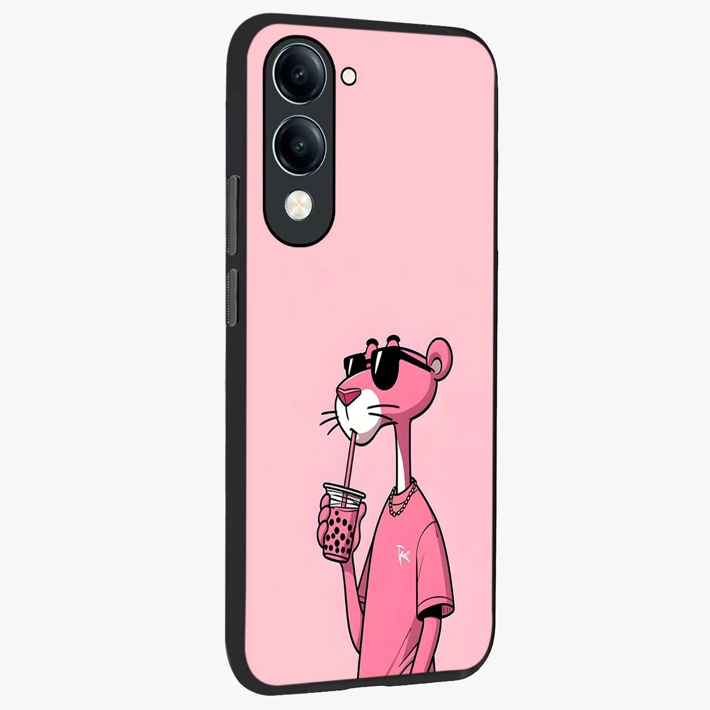 Pink Panther Glass Case upright view showcasing fun animated artwork with stylish retro cartoon theme.