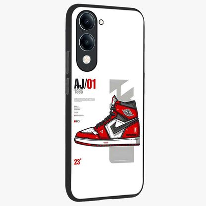 Retro Sneaker Blueprint Glass Case upright view showcasing stylish sneaker illustration with vintage streetwear theme.