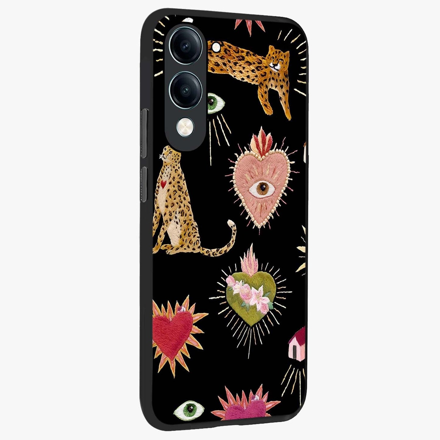 Sacred Jungle Heart Glass Case upright view showcasing vibrant jungle artwork with symbolic heart theme.