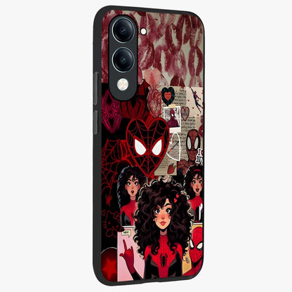 Spider Love Story Glass Case upright view showcasing charming superhero artwork with romantic comic theme.