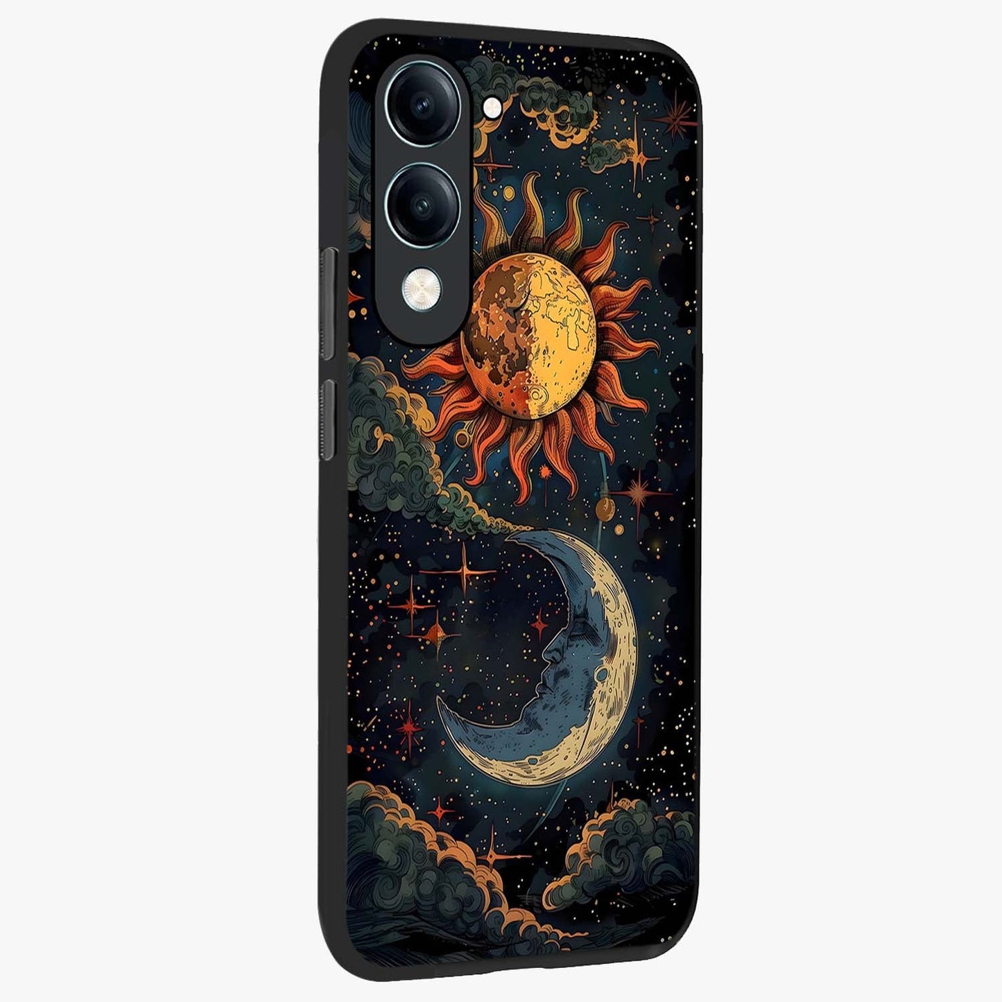Sun And Moon Magic Design Glass Case upright view showcasing decorative sun and moon artwork with spiritual celestial theme.