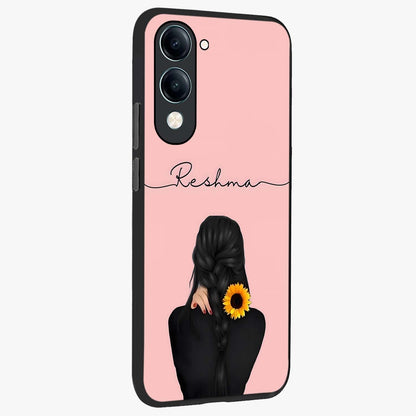 Sunflower Braid Beauty With Custom Name Glass Case upright view showcasing bright sunflower artwork with personalized floral aesthetic.