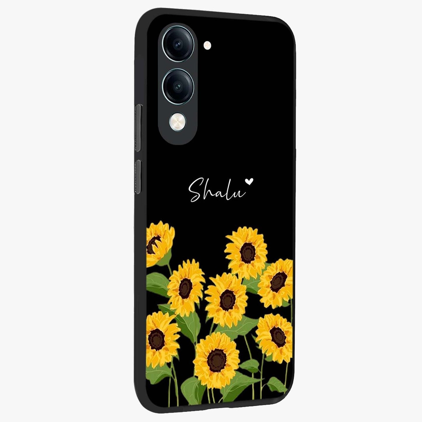 Sunflower Chic Mood Custom Name Glass Case upright view showcasing cheerful sunflower artwork with trendy floral theme.