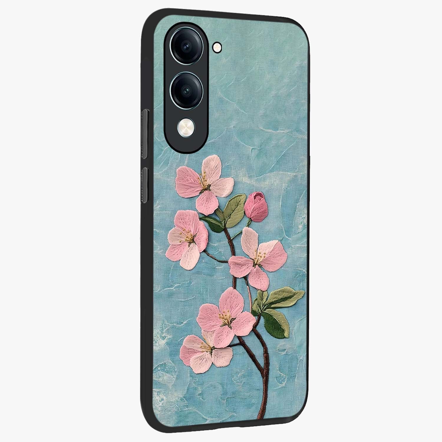 Threaded Blossom Breeze Glass Case upright view showcasing graceful flower artwork with calm botanical theme.