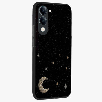 Twinkle Star With Half Moon Glass Case upright view showcasing glowing cosmic artwork with dreamy night theme.