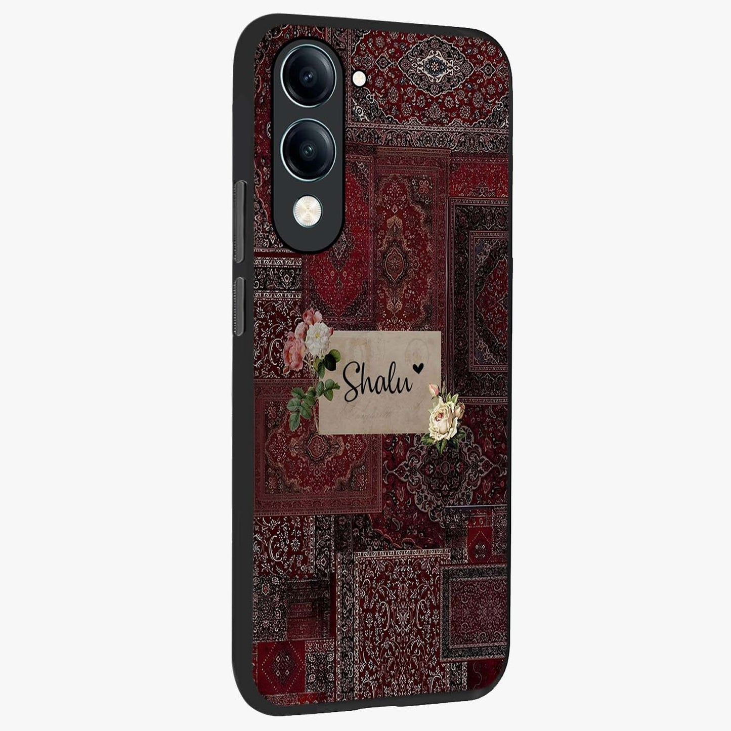 Velvet Wine Pattern Custom Name Glass Case upright view showcasing luxurious wine toned artwork with personalized aesthetic.