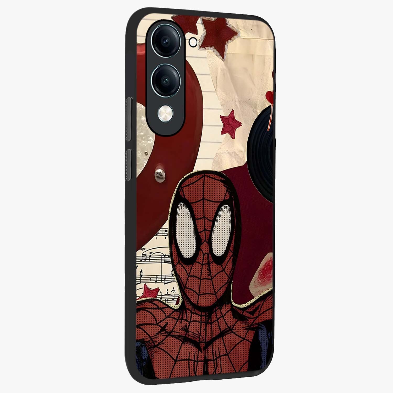 Web Warrior Vibes Glass Case upright view showcasing energetic superhero artwork with bold action theme.