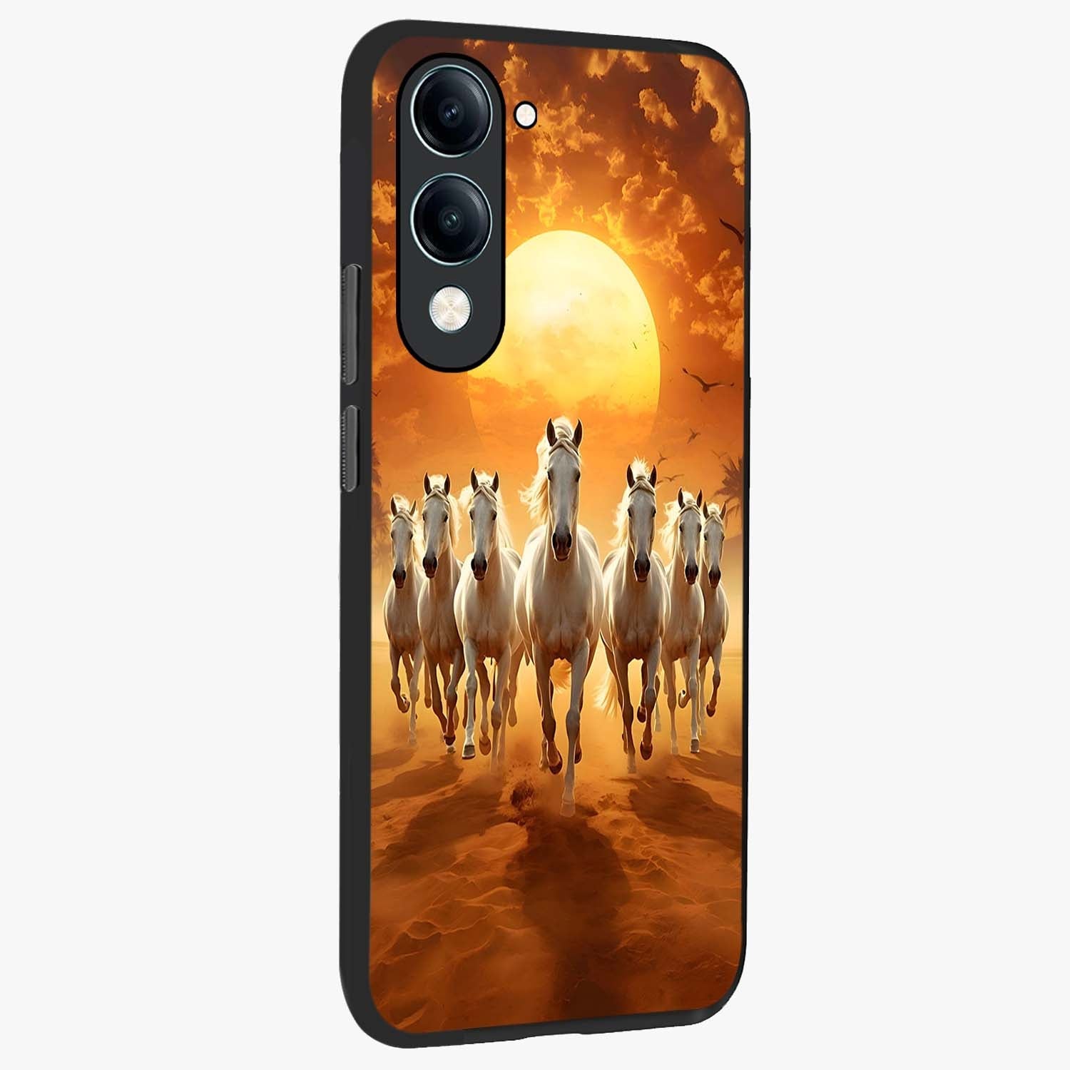 Wild Sunset Majesty Glass Case upright view showcasing dramatic sunset artwork with bold nature theme.