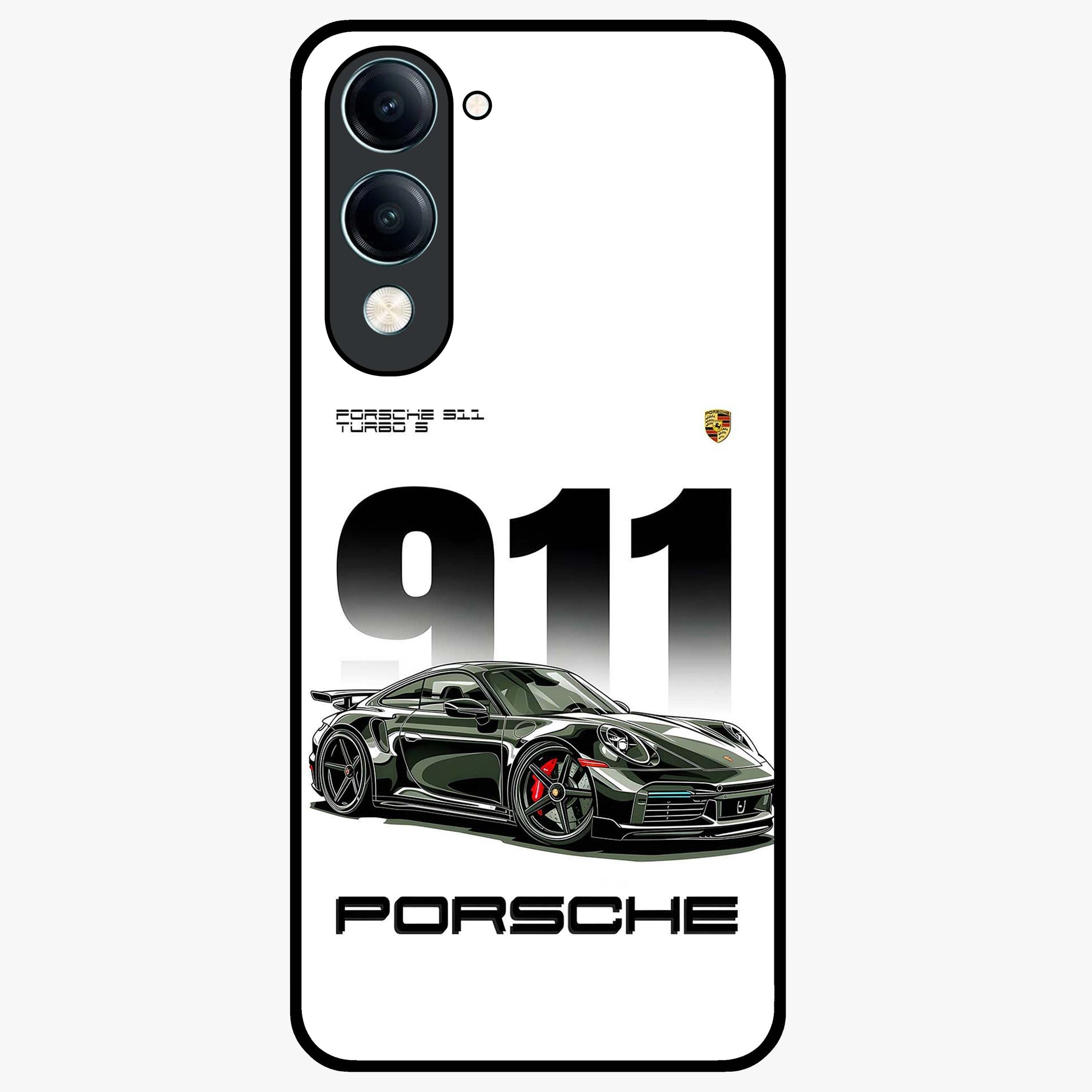 911 Turbo Dominance Glass Case showing clean flat back view with bold 911 sports car artwork and glossy glass finish.