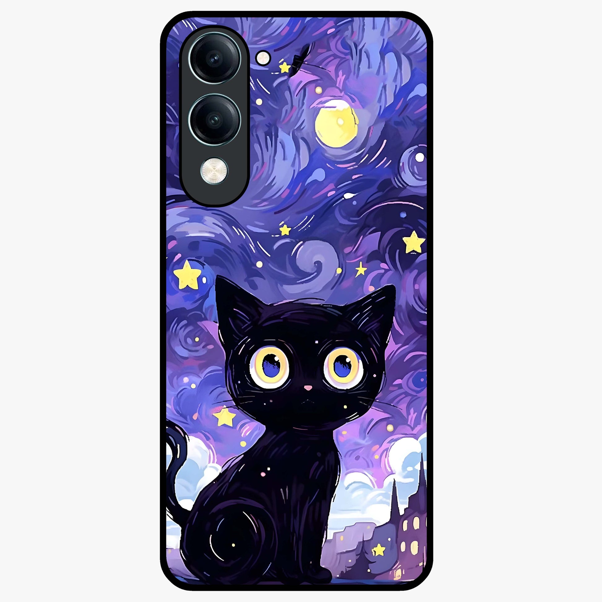 Abstract Cat Art Glass Case showing flat back view with artistic cat illustration and glossy glass finish.