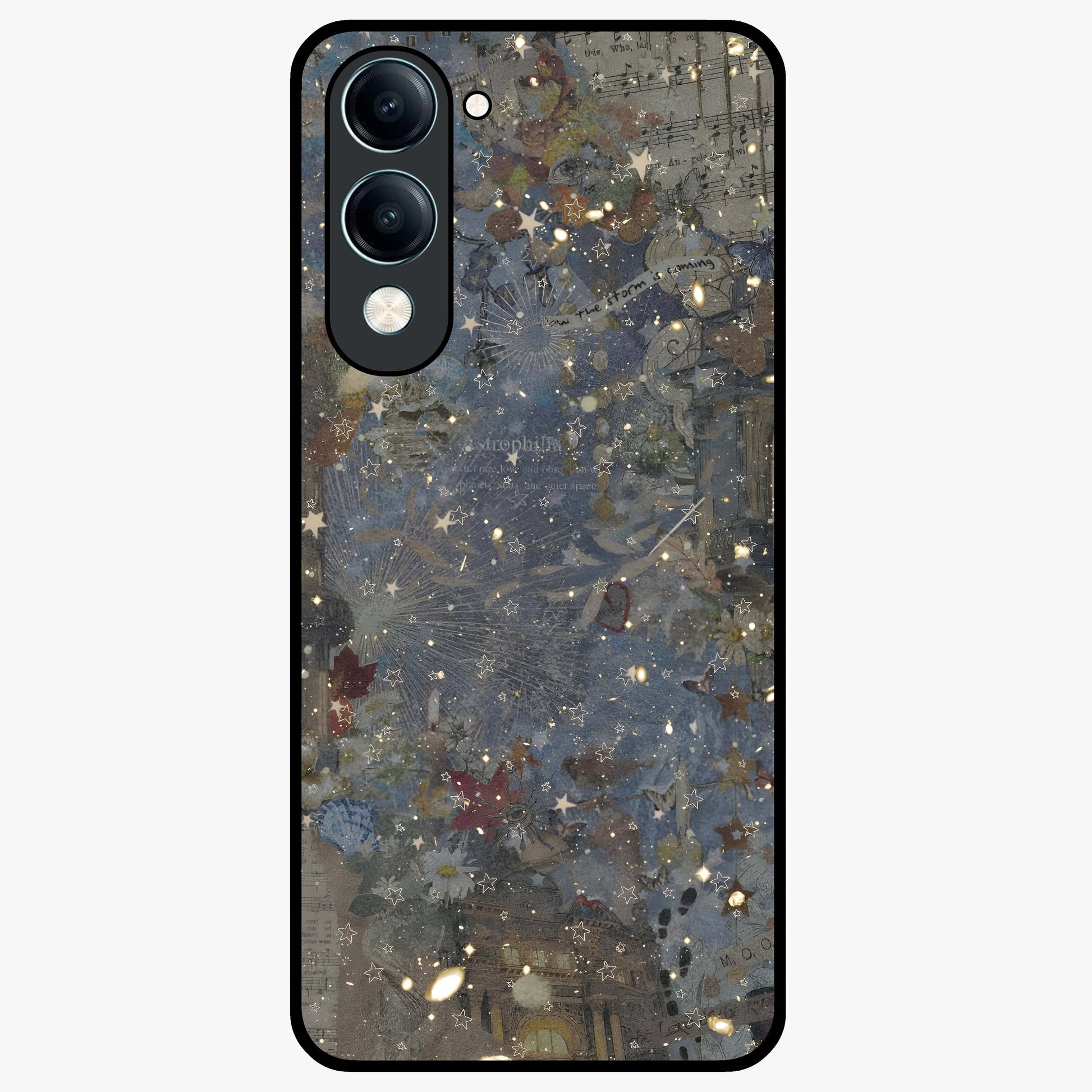Aesthetic Astrolophia Glass Case showing flat back view with dreamy aesthetic design and glossy glass finish.