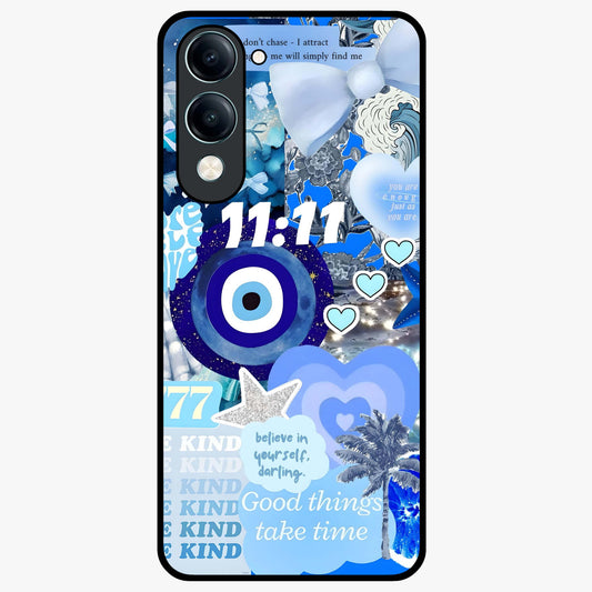 Aesthetic Be Kind Eye Glass Case showing flat back view with motivational eye artwork and glossy glass finish.