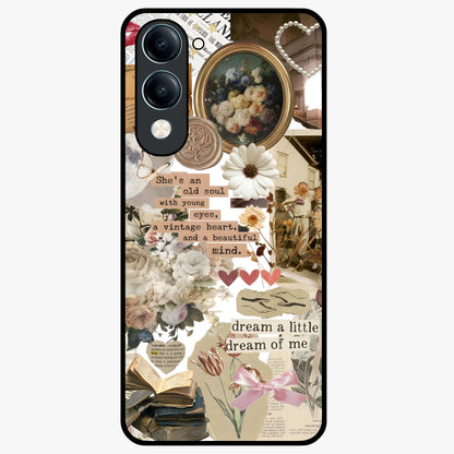Aesthetic Brown Vintage Collage Glass Case showing flat back view with retro collage artwork and glossy glass finish.