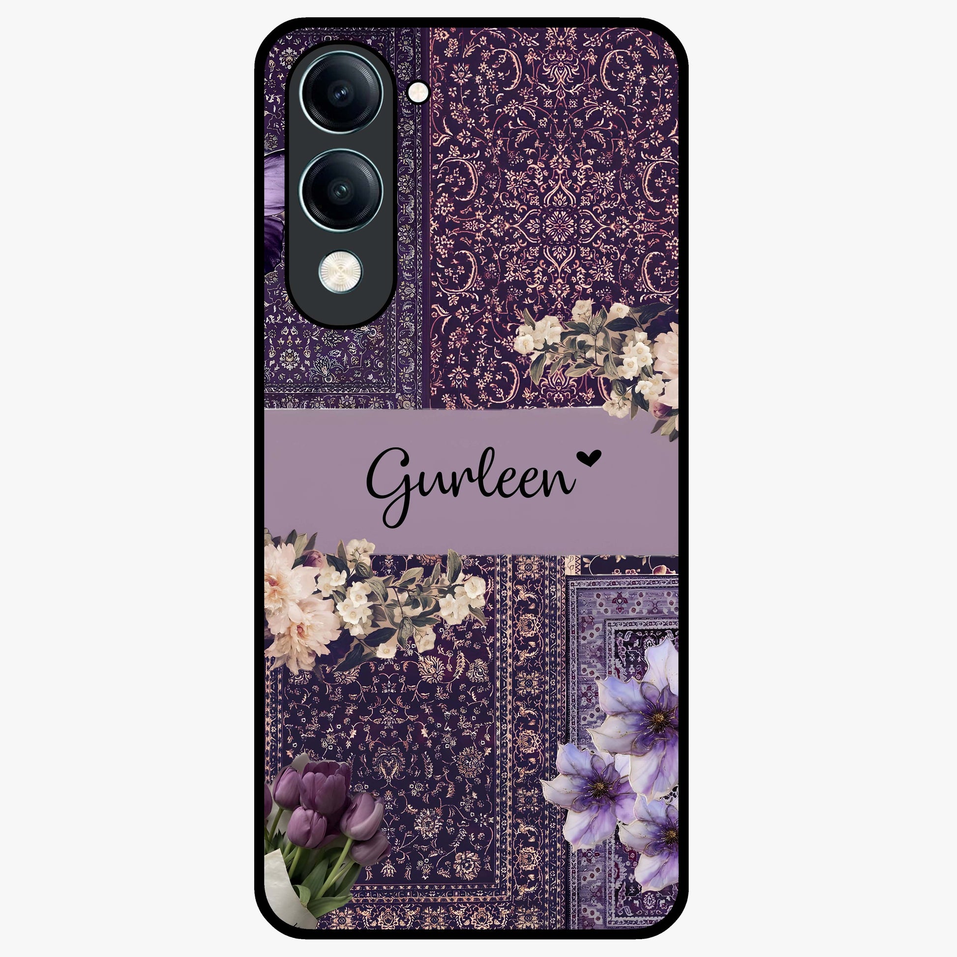 Antique Floral Whisper Custom Name Glass Case showing flat back view with vintage floral artwork and personalized name design.