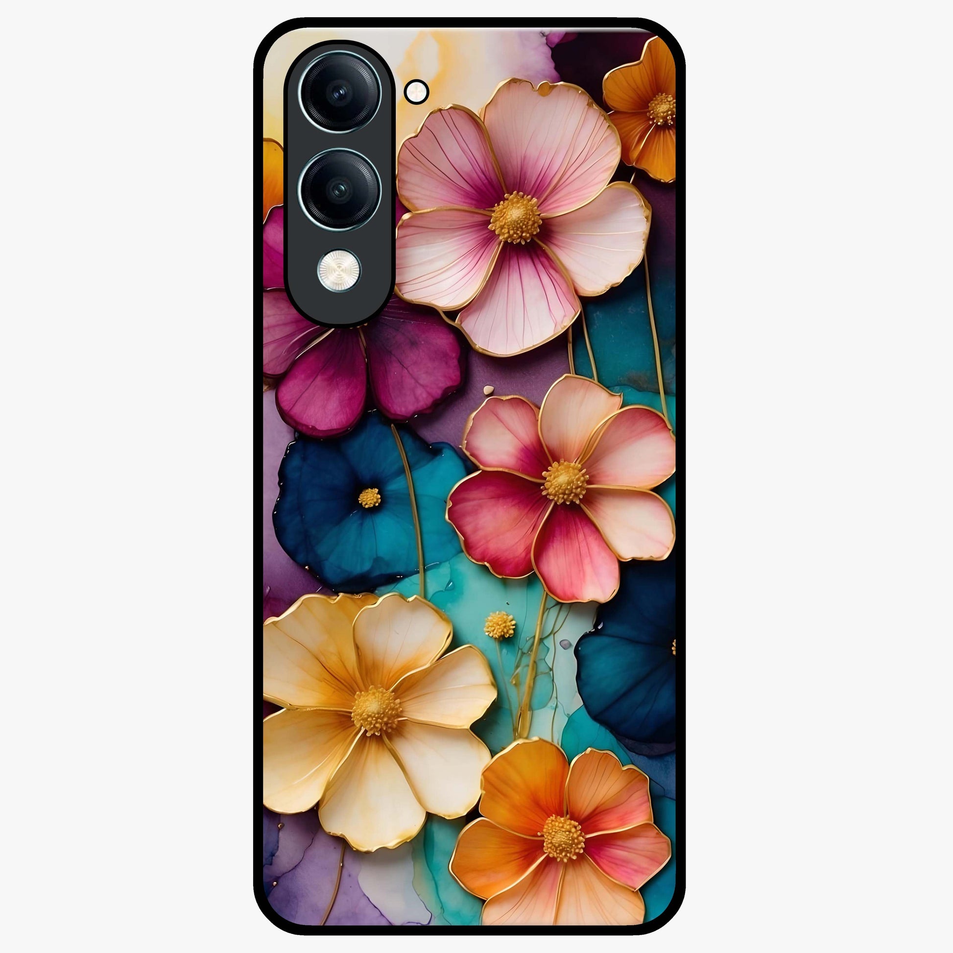 Artlyn Grace Flower Pattern Glass Case showing flat back view with elegant floral pattern artwork and glossy glass finish.