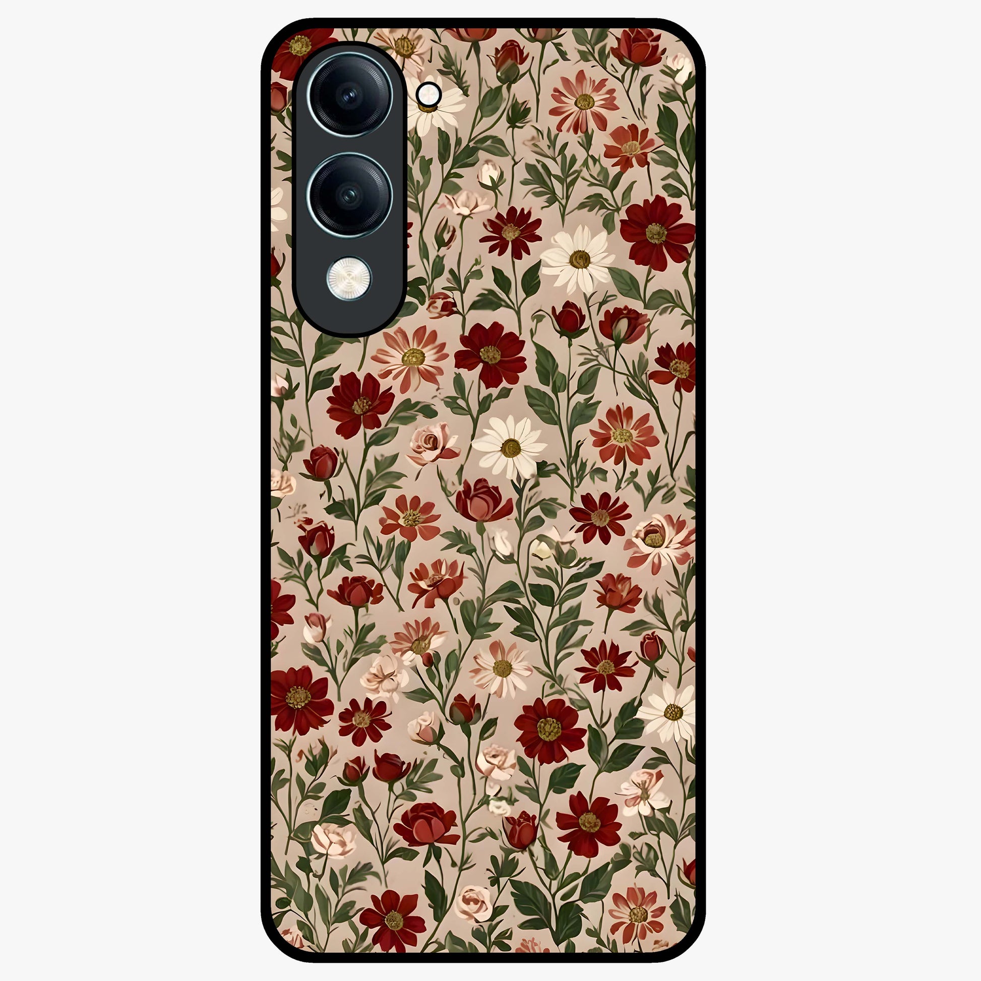 Biege Flower With Leaf Glass Case showing flat back view with soft beige floral artwork and glossy glass finish.
