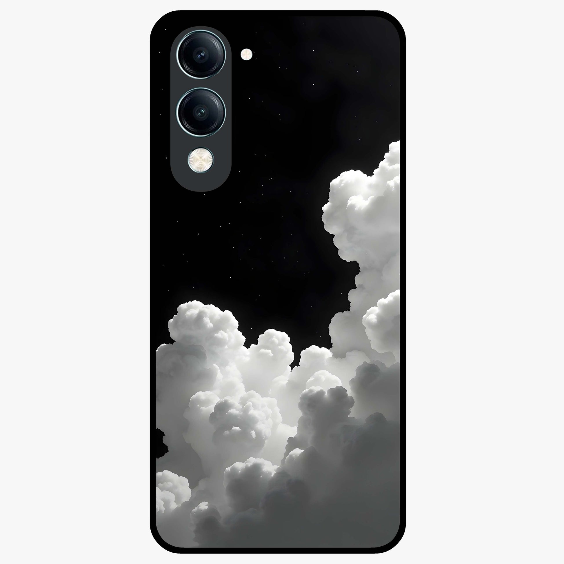 Black Background With White Cloud Glass Case showing flat back view with minimal cloud artwork on dark background and glossy glass finish.