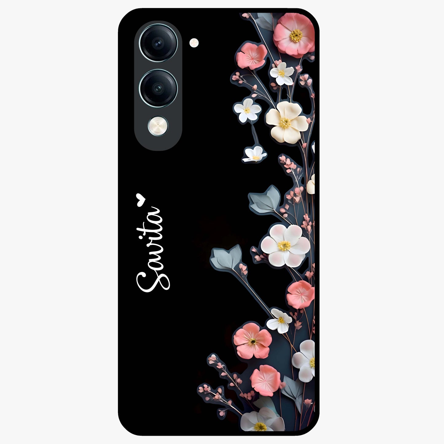 Black Elegance Floral Custom Name Glass Case showing flat back view with elegant floral artwork and personalized name design.