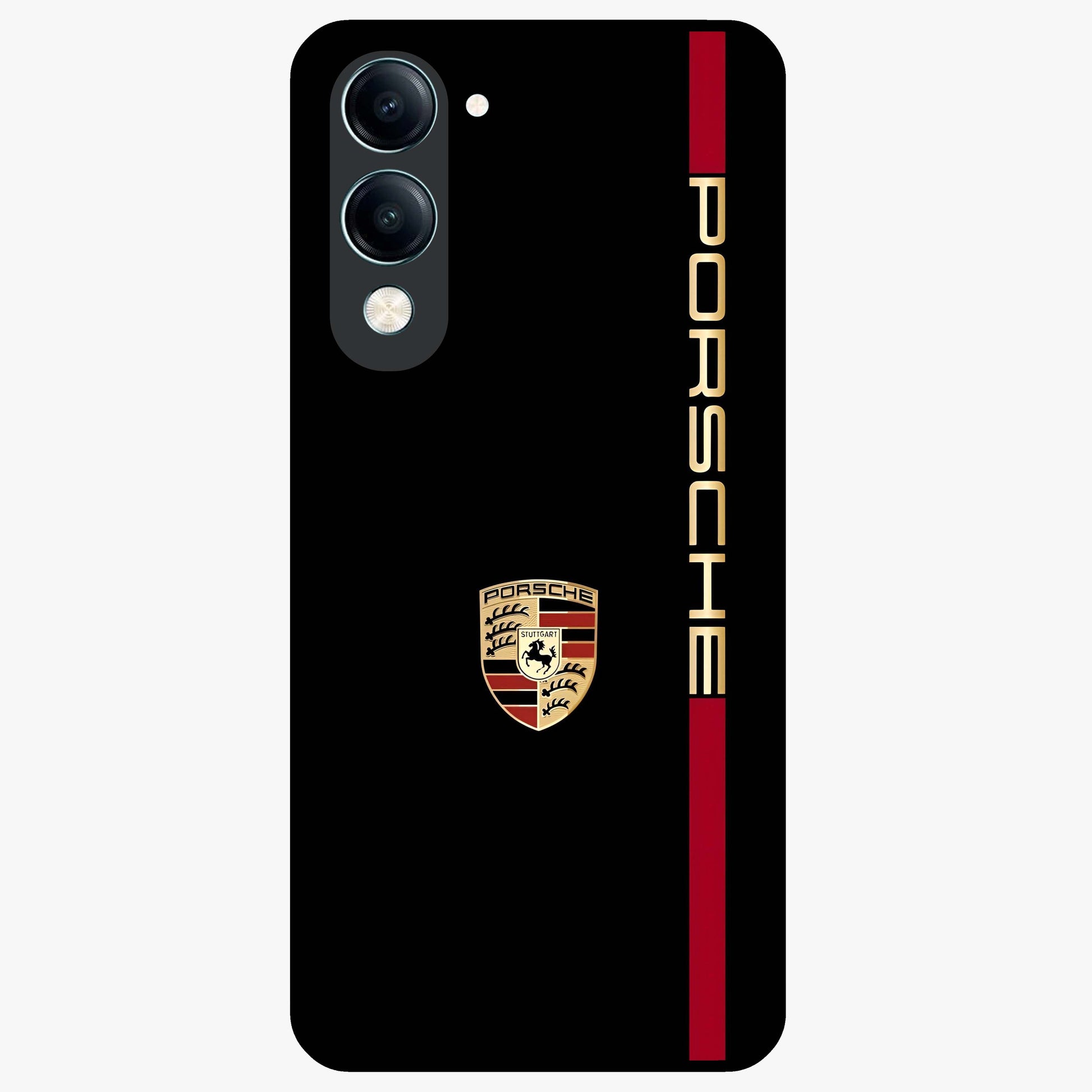 Black Minimal Porsche Glass Case showing flat back view with sleek minimal sports car artwork and glossy glass finish.