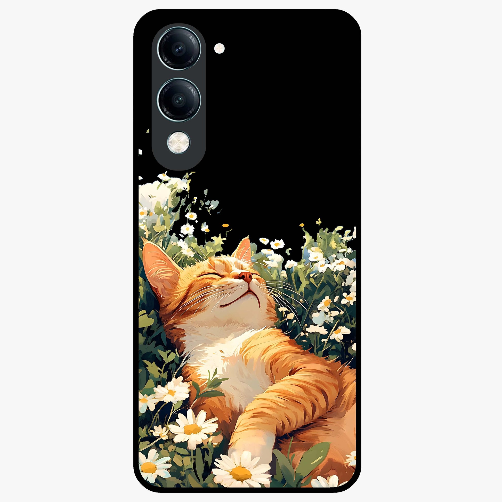 Blissful Bloom Cat Glass Case showing flat back view with cute cat and floral bloom artwork and glossy glass finish.