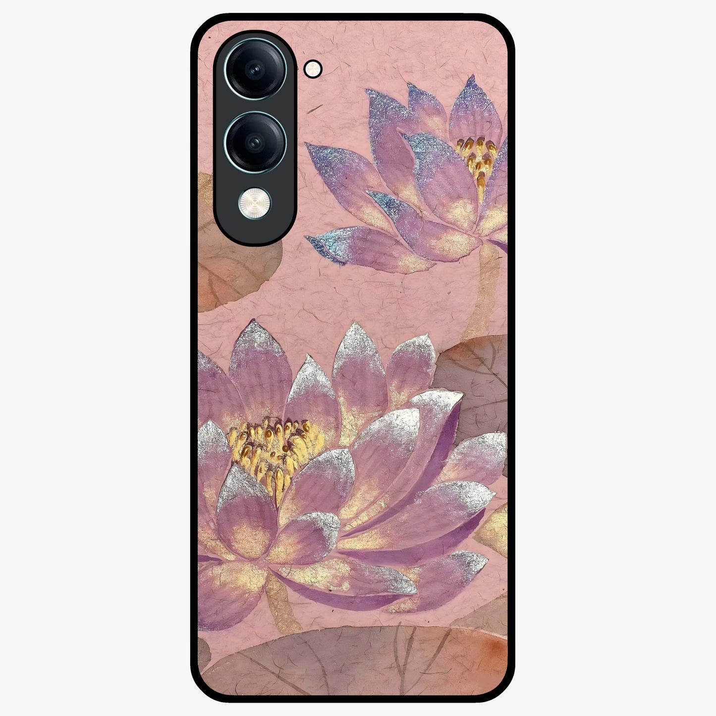 Blossom Mist Lotus Glass Case showing flat back view with serene lotus blossom artwork and glossy glass finish.