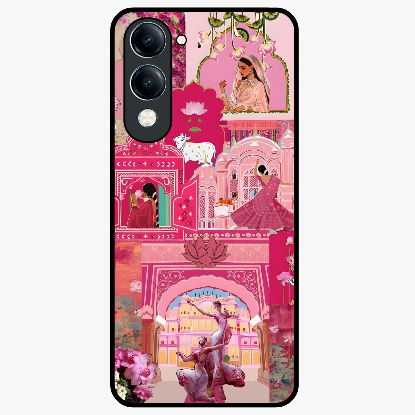 Blossoms of Rajasthan Glass Case showing flat back view with traditional floral artwork inspired by Rajasthan and glossy glass finish.