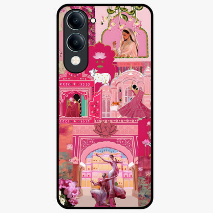 Blossoms of Rajasthan Glass Case showing flat back view with traditional floral artwork inspired by Rajasthan and glossy glass finish.