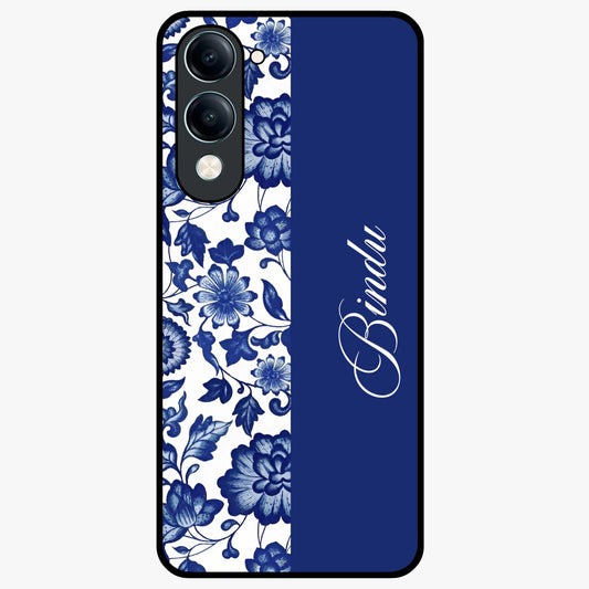 Blue Vintage Floral Pattern Glass Case upright view showcasing timeless floral illustration with vintage inspired style.