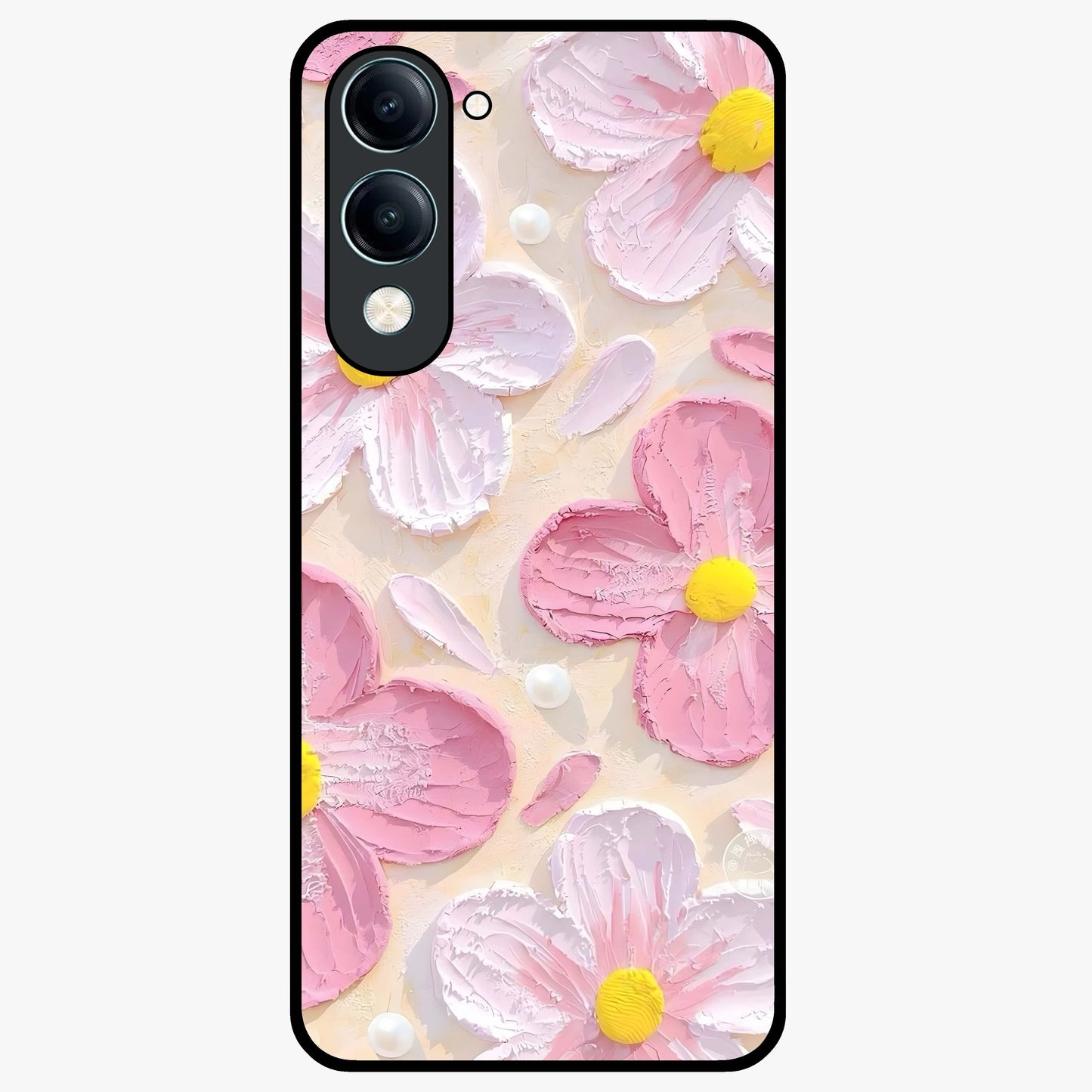 Blush Bloom Texture Glass Case showing flat back view with soft blush floral texture artwork and glossy glass finish.